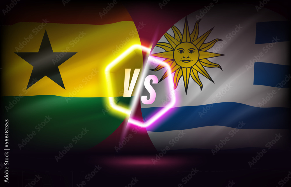Poster ghana versus uruguay game score table template. 3d vector illustration with neon effect