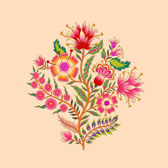 Mughal Art is a traditional bunch of floral ornaments. A multi-color motif on a light background, isolated element. Fantasy traditional bouquet.