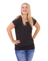 Obraz premium Portrait of a beautiful young woman smiling and posing with her hands on her hip isolated on a PNG background.