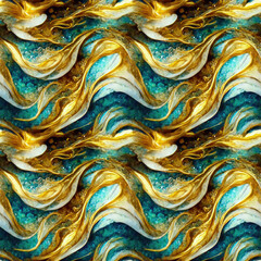 Luxury Alcohol Ink Abstract Painting with Transparent Waves and Golden Swirls, generative ai