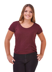 Fototapeta premium An attractive young female model smiling and posing looking at the camera isolated on a PNG background.