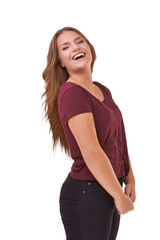 A Joyful young blond female model posing looking over the shoulder isolated on a PNG background.
