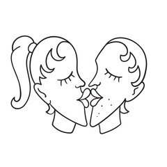 Isolated thin line illustration of a couple kissing. Thin line love hand drawn icon for Valentine's day.