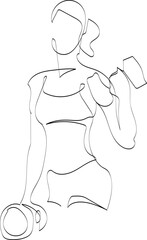 Vector illustration fitness girl with dumbbells, one line drawing 
