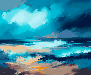 A digital painting of an abstract blur and orange seascape scene - obrazy, fototapety, plakaty