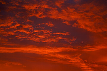 Red sunset. Amazing summer sunrise background. Beautiful blazing sunset