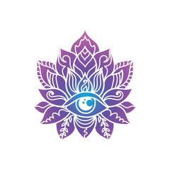 Ornamental  lotus flower pattern with third eye. Decoration in oriental, Indian style
