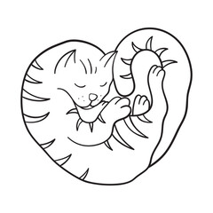 Isolated thin line illustration of a sleeping cat. Thin line love hand drawn icon for Valentine's day.