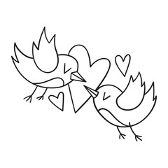 Isolated thin line illustration of two lovely birds. Thin line love hand drawn icon for Valentine's day.