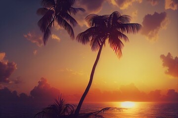 Fototapeta na wymiar Tropical palm tree with sun light on sunset sky and cloud abstract background. Generative AI