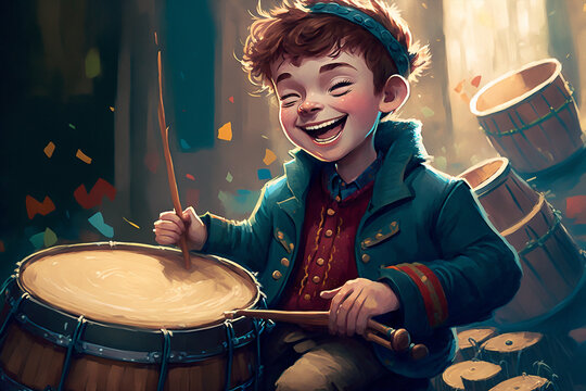 illustration for a children's book of a smiling child playin drum - AI generative