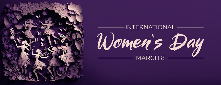 Dancing Women in a Purple Floral Design. Beautiful Paper Cut Banner with Flowers and Caption, to Celebrate International Woman's Day. Generative AI