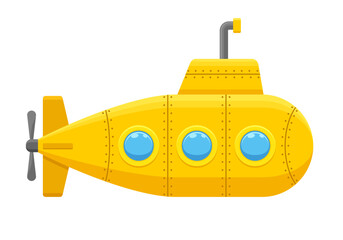 Yellow submarine with periscope isolated on white background. Underwater ship, bathyscaphe floating under sea water. Vector illustration