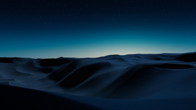 Night Landscape, with Desert Sand Dunes. Peaceful Modern Wallpaper with Blue Gradient Starry Sky