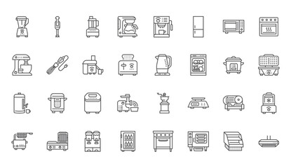 Kitchen appliance line icons set. Microwave oven, combi steamer, toaster, food processor, freezer, toaster, coffee machine vector illustration. Outline signs about cooking equipment. Editable Stroke