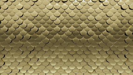 Gold, Fish Scale Mosaic Tiles arranged in the shape of a wall. Glossy, Luxurious, Blocks stacked to create a 3D block background. 3D Render