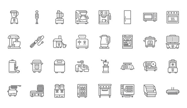 Kitchen appliance line icons set. Microwave oven, combi steamer, toaster, food processor, freezer, toaster, coffee machine vector illustration. Outline signs about cooking equipment. Editable Stroke
