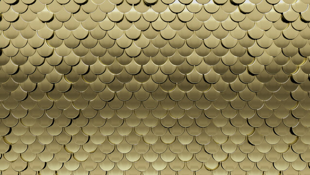 Gold, Fish Scale Mosaic Tiles arranged in the shape of a wall. Glossy, Luxurious, Blocks stacked to create a 3D block background. 3D Render