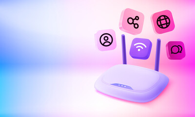 Modern router at work. 3d vector banner with copy space