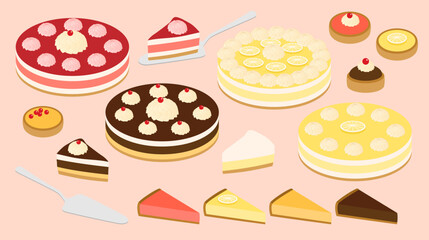 Collection de gâteaux de boulangerie à la framboise, au citron, au chocolat, avec de la crème et des fruits, gâteaux en entier, parts de tartes et tartelettes sucrées