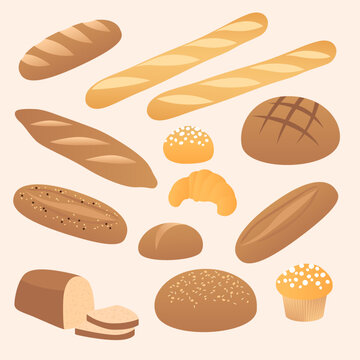 Collection de pains de boulangerie : baguette, pain au levain, avec des graines, pain de mie, brioche, croissant, muffin avec du sucre, pain rond