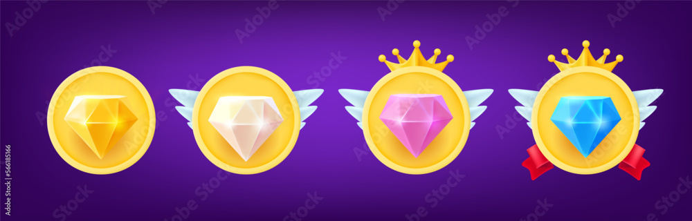 Aufkleber different rank emblems with color crystals. game achievement badges collection. 3d vector clipart