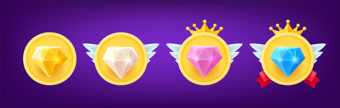 Different rank emblems with color crystals. Game achievement badges collection. 3d vector clipart