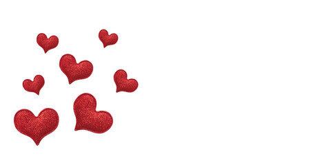 Red glitter hearts on white background. Decorations for valentine's day greeting card