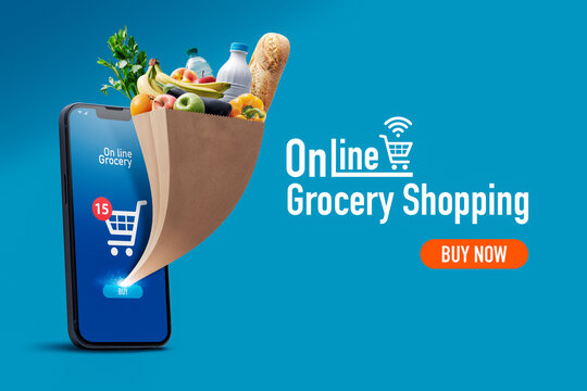 Online Grocery Shopping App And Grocery Bag