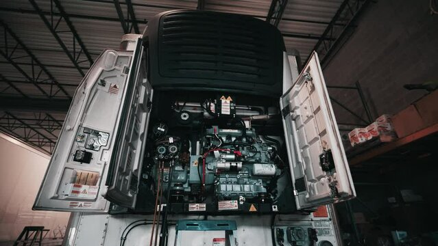 reefer trailer with front cover-doors opened in a mechanic shop waiting to get repaied by skilled mechanic