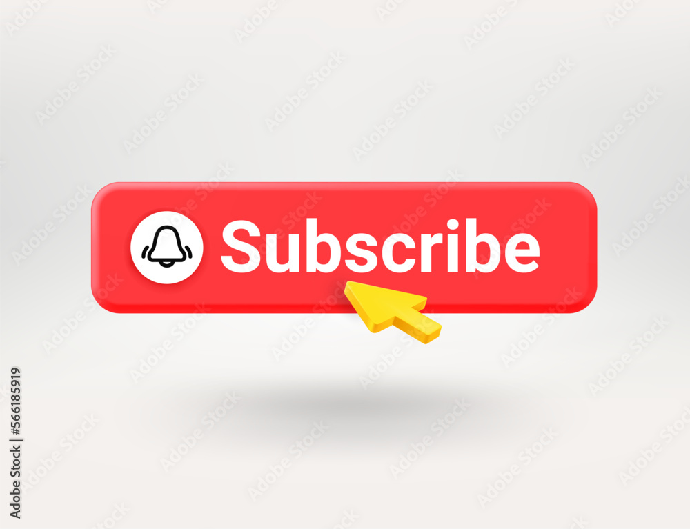 Poster Subscribe red button with the notification bell. 3d vector objects isolated on transparent background