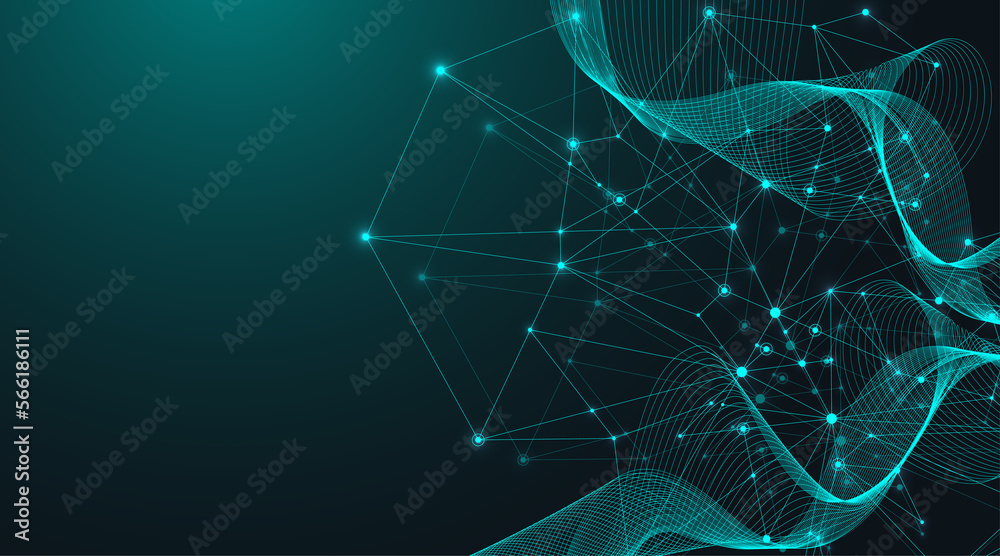 Poster Abstract plexus background with connected lines and dots. Wave flow. Plexus geometric effect Big data with compounds. Lines plexus, minimal array. Digital data visualization, illustration