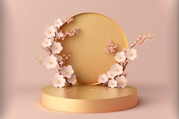 White and golden product display podium with blossom flowers on pink background. ai generative.
