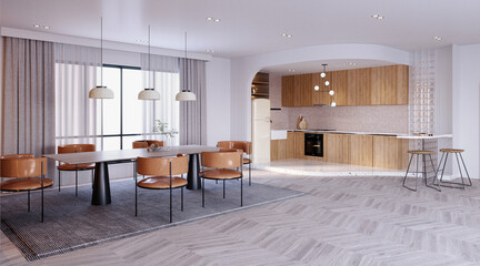 3d rendering,3d illustration, Interior Scene and  Mockup,kitchen and dining corner,concrete floor,kitchen with white walls.