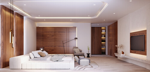 3d rendering,3d illustration, Interior Scene and  Mockup,bedroom interior design,Decorate in modern style with wood material.