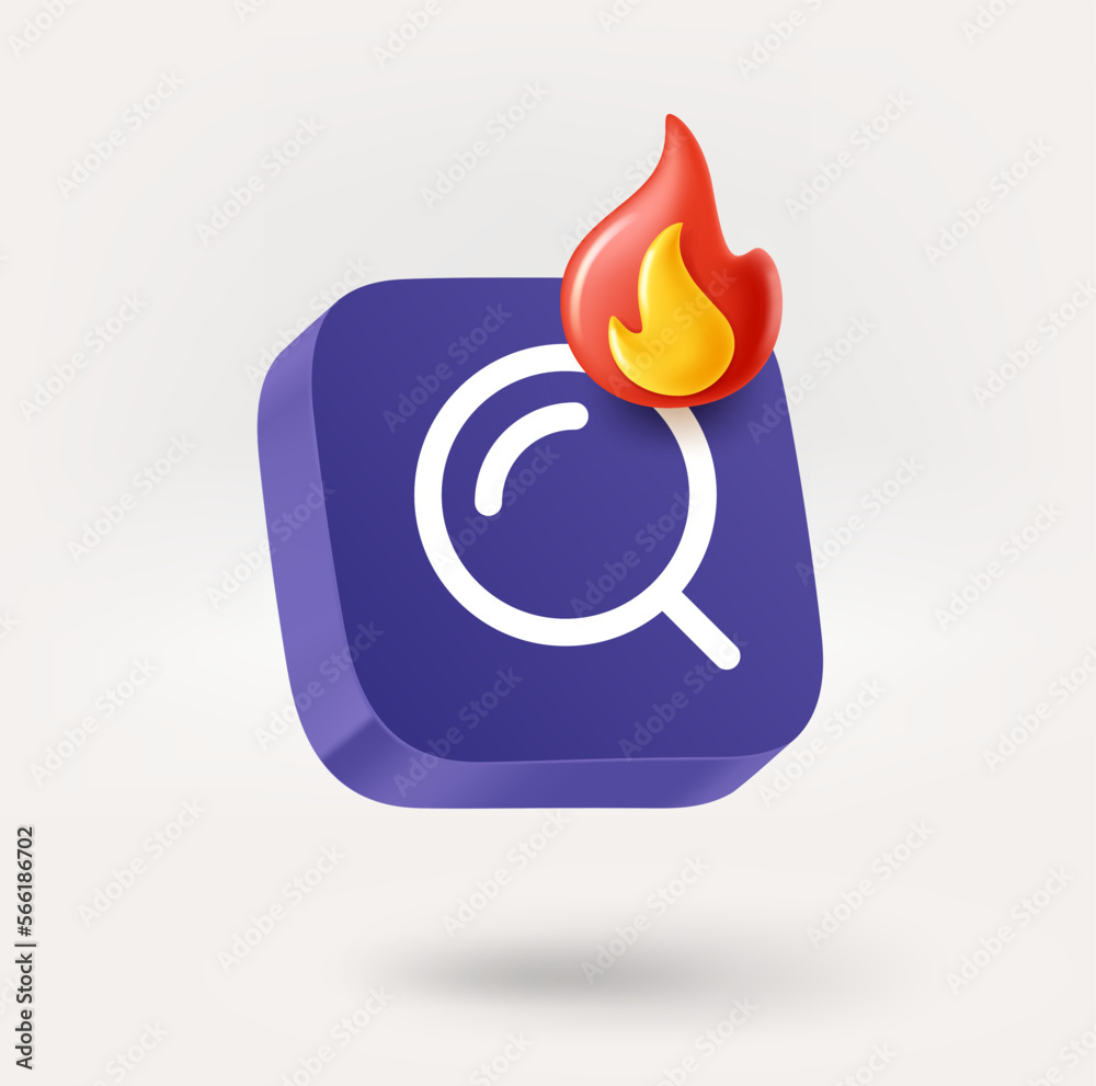 Poster magnifying glass icon with hot offer sign. 3d vector icon isolated on white background
