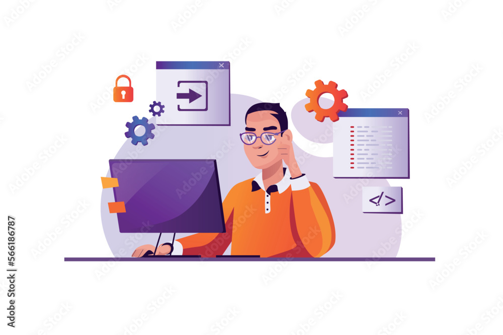 Poster Programming purple concept with people scene in the flat cartoon style. Programmer works with complex settings of the computer and programs. Vector illustration.