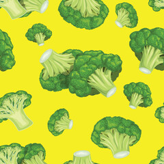 Broccoli vegetables seamless pattern on yellow background. Eco vegetables background. Best for menu vegan designs. Vector illustration.
