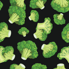 Broccoli vegetables seamless pattern on black background. Eco vegetables background. Best for menu vegan designs. Vector illustration.