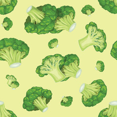 Broccoli vegetables seamless pattern on light green background. Eco vegetables background. Best for menu vegan designs. Vector illustration.