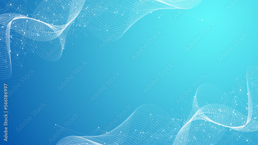 Poster Abstract plexus background with connected lines and dots. Wave flow. Plexus geometric effect Big data with compounds. Lines plexus, minimal array. Digital data visualization, illustration