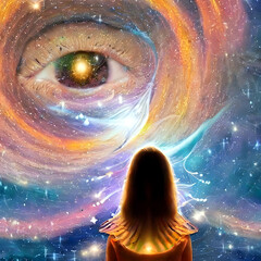 Junge Frau blickt Richtung Universum. Das Allsehende Auge. Ki entworfen