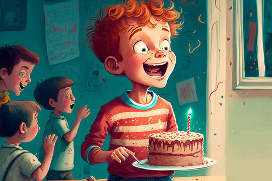 illustration for a children's book of a smiling child celebrates happy hes birthday with the cake - AI generative