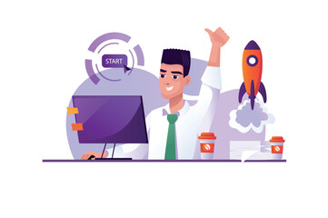 Startup purple concept with people scene in the flat cartoon design. Man launches his project and waits for success. Vector illustration.
