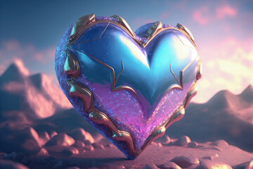 Beautiful blue heart for Valentine's Day in the form of a diamond. 3D illustration