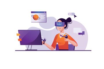 Metaverse purple concept with people scene in the flat cartoon style. Girl is in virtual space, which she entered with the help of a computer and digital technologies. Vector illustration.