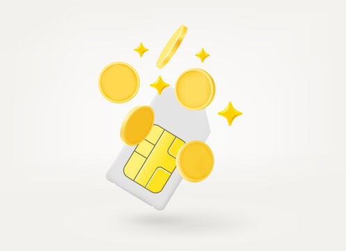 Falling gold coins and mobile sim card isolated on white background. 3d vector illustration