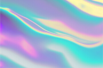 Abstract trendy holographic blue foil background - holo foil . Wavy texture in pastel violet, blue and yellow.