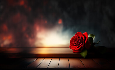 Red rose on wooden table with copy space backdrop. Romantic backdrop. Love background. Generative AI.