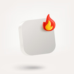 Empty white button with flame symbol. 3d vector icon isolated on white background